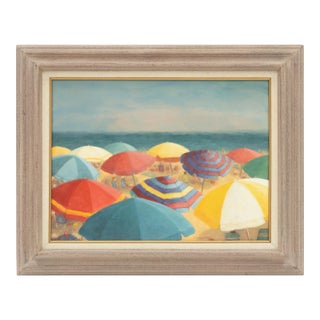 Vintage Impressionist Beach Scene "Umbrellas" Oil Painting by Helen Carmichael For Sale