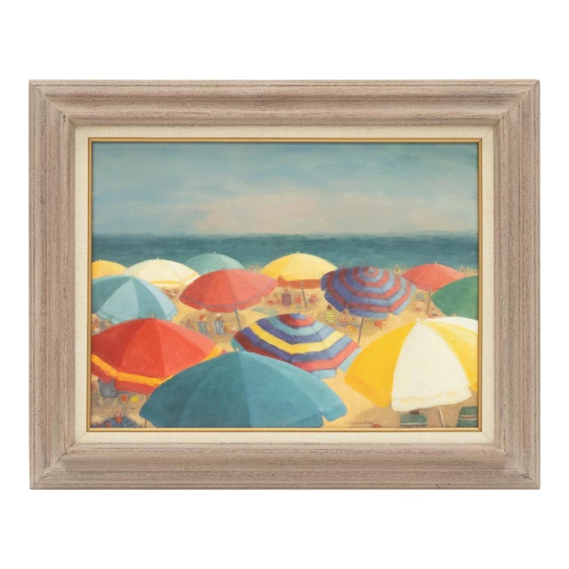 Vintage Impressionist Beach Scene "Umbrellas" Oil Painting by Helen Carmichael For Sale