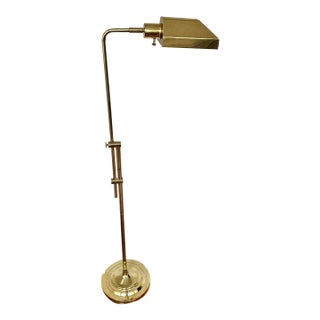 Late 20th Century Hollywood Regency Polished Brass Adjustable Height Pharmacy Floor Lamp With Hooded Shade For Sale