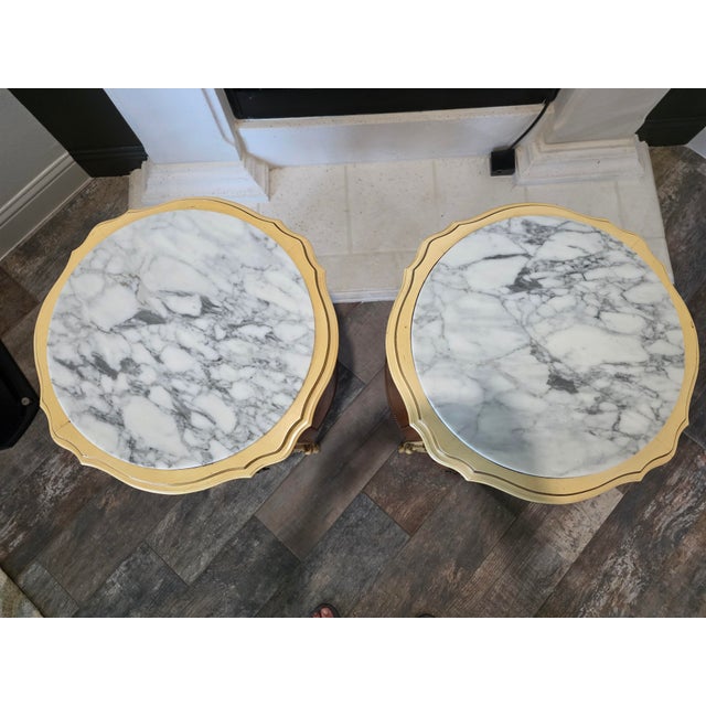 Beautiful matched pair of antique Louis XV-style marble-top commodes/nightstands, dating to approximately the turn of the...
