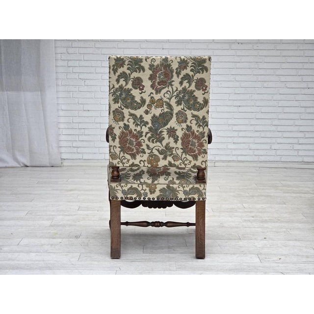 Scandinavian Highback Armchair in Patterned Fabric and Hand-Carved Oak, 1950s For Sale - Image 15 of 18