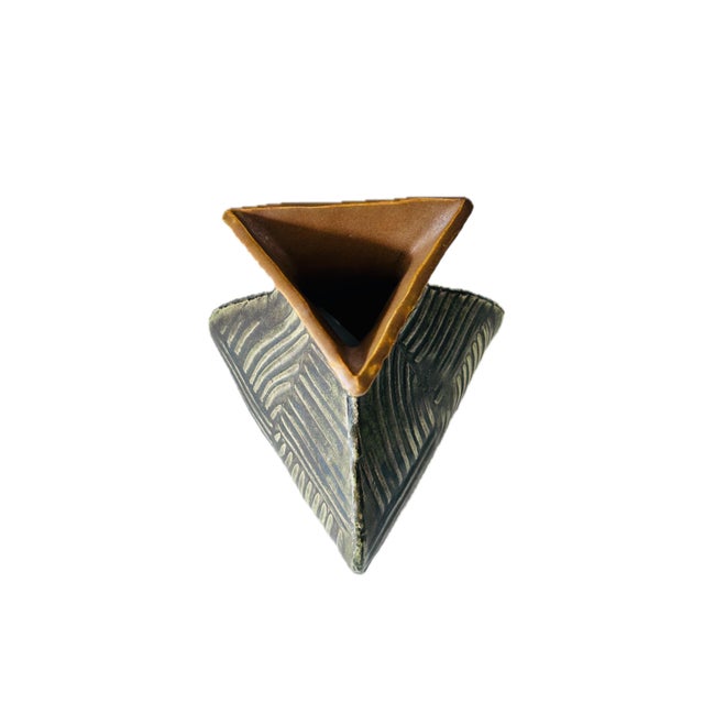 1990s Gary DiPasquale, Postmodern Slip-Cast Stoneware Bud Vase, Geometric 3-Sided Flared Triangular - Olive Green For Sale - Image 5 of 11