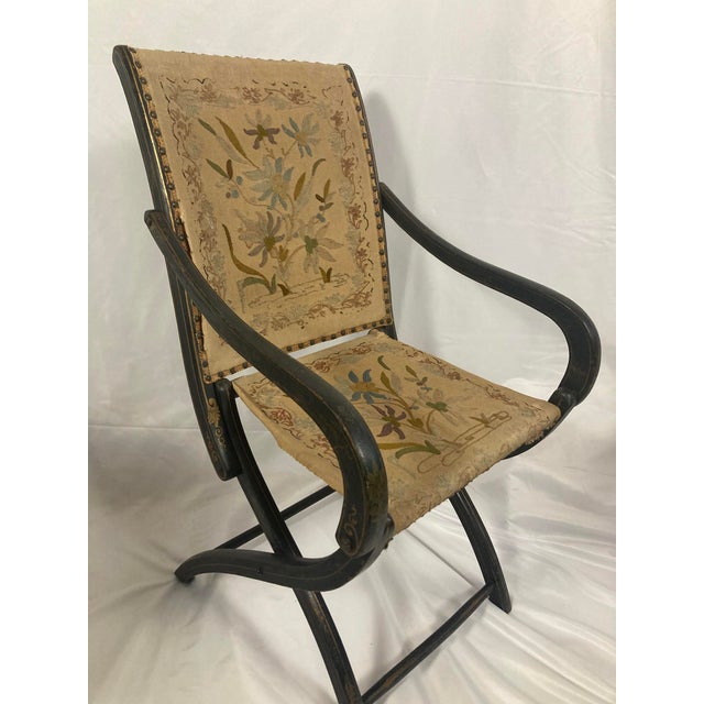 Napoleon III Ebonized Folding Armchair — Original Crewelwork, c.1875 For Sale - Image 13 of 14