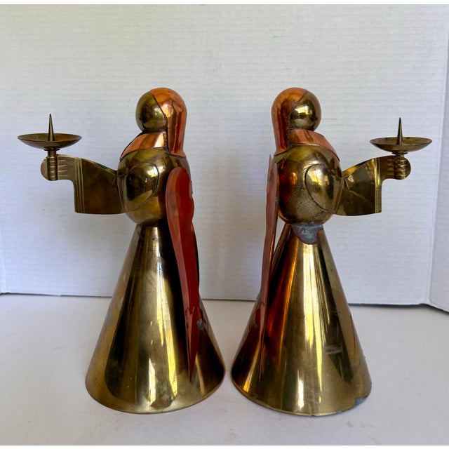 Brass Pair of Mid-Century Brass & Copper Angel Candleholders For Sale - Image 8 of 12