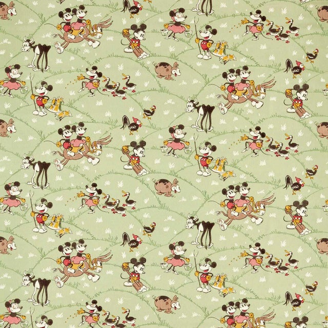 Sanderson Mickey At the Farm Fabric in Macaron Green For Sale