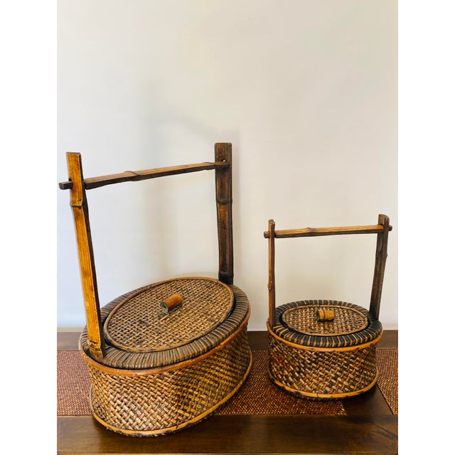 Wood Antique Chinese Bamboo & Rattan Baskets- Set of 2 For Sale - Image 7 of 10