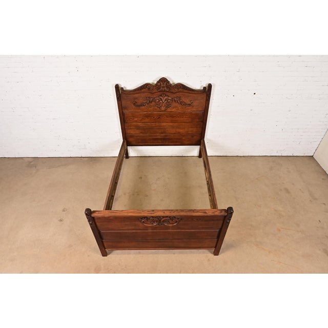 Late 19th Century Antique Victorian Carved Oak Full Size Bed, Circa 1890s For Sale - Image 5 of 14