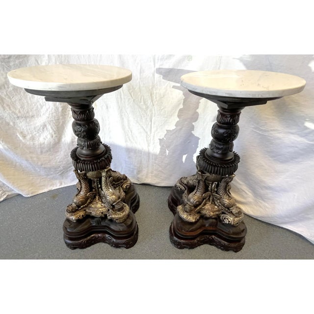 Vintage Dolphin Pedestal Tables Made of Solid Wood, Metal, and Marble- a Pair For Sale - Image 13 of 13
