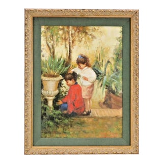 Late 20th Century Pietro Griffo Oil Painting of Children in Garden Original Signed For Sale