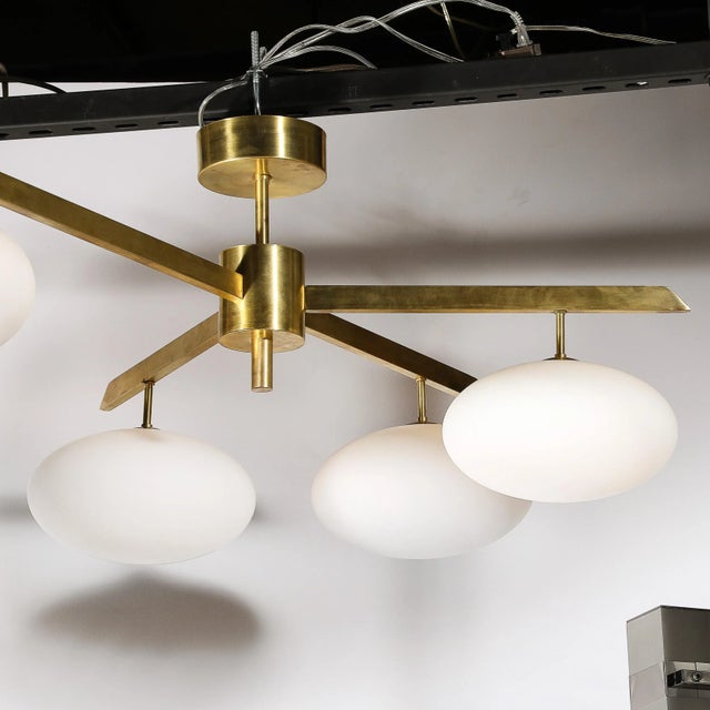 Modernist Asymmetrical Brushed Brass & Frosted Glass Four-Arm Globe Chandelier For Sale In New York - Image 6 of 12