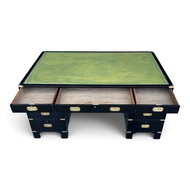 1920s Antique British Campaign Style Executive Desk With Green Leather Writing Top For Sale - Image 5 of 15