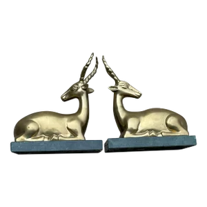 Brass Laying Ibex Marble Bookends