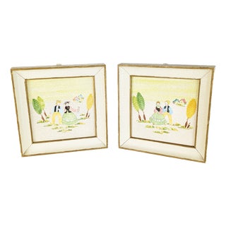 Italian Wall Decorative Ceramic Tiles with Wooden Frame by Lina Poggi Assalini for Ce. As., 1950s, Set of 2 For Sale