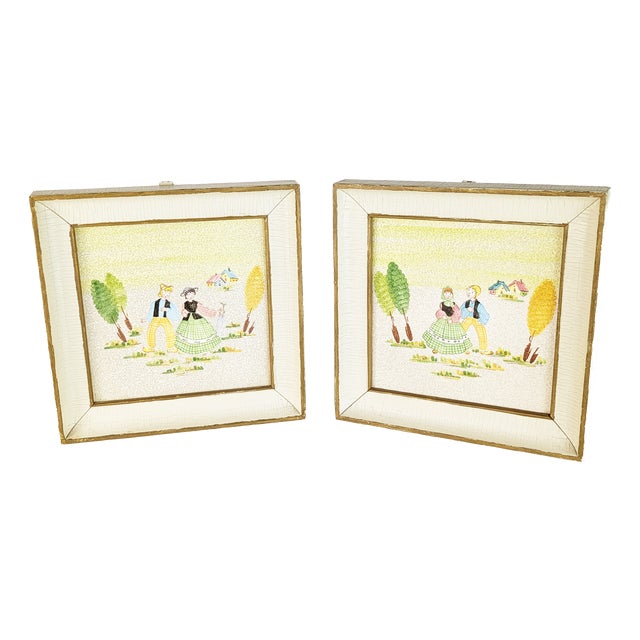 Italian Wall Decorative Ceramic Tiles with Wooden Frame by Lina Poggi Assalini for Ce. As., 1950s, Set of 2 For Sale
