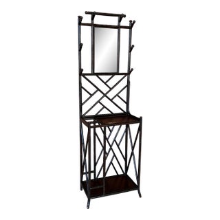 Black Tortoise Faux Bamboo Chippendale Style Étagère Hall Tree With Mirror Panel For Sale
