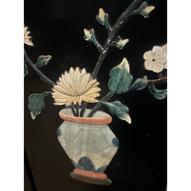Vintage Mid-Century Chinese Black Lacquer & Soapstone Four Seasons Wall Panels - Set of 4 For Sale - Image 9 of 10