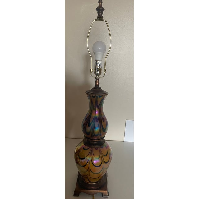 Vintage Iridescent Art Glass Table Lamps-Murano Style Amber Feather Patten - A Pair For Sale - Image 12 of 17