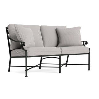 Brown Jordan Venetian Loveseat in Black Jade with Iron Stripe Cushions For Sale