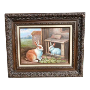 Barnyard Bunny Rabbits Painting, Framed