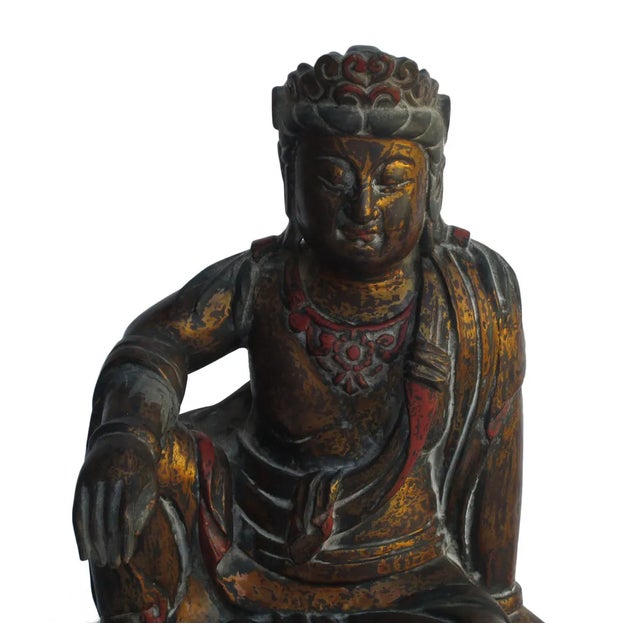 1990s Vintage Chinese Brown Black Golden Wood Kwan Yin Statue For Sale - Image 5 of 5