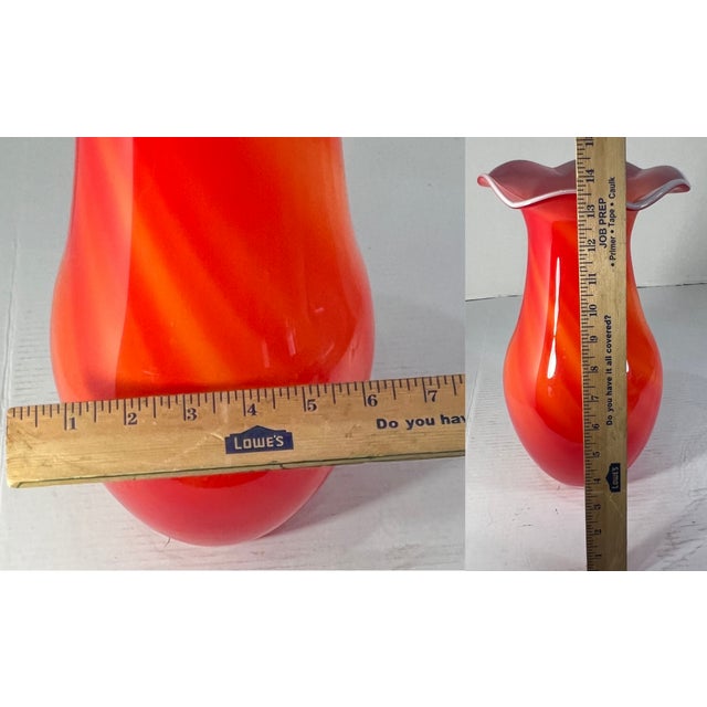13 3/4 In. Tall Vintage Bulbous Scalloped Rim Cased White Orange Art Glass Vase For Sale - Image 15 of 15