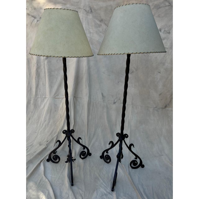 Hand Wrought Twisted Iron Floor Lamps with Custom Parchment Shades - a Pair For Sale - Image 10 of 12
