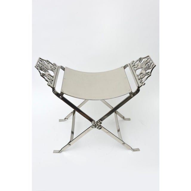 Metal Vintage Art Deco Nickel Silver Griffin and Gargoyle Bench With Off White Cushion ,Style of Oscar Bach For Sale - Image 7 of 10