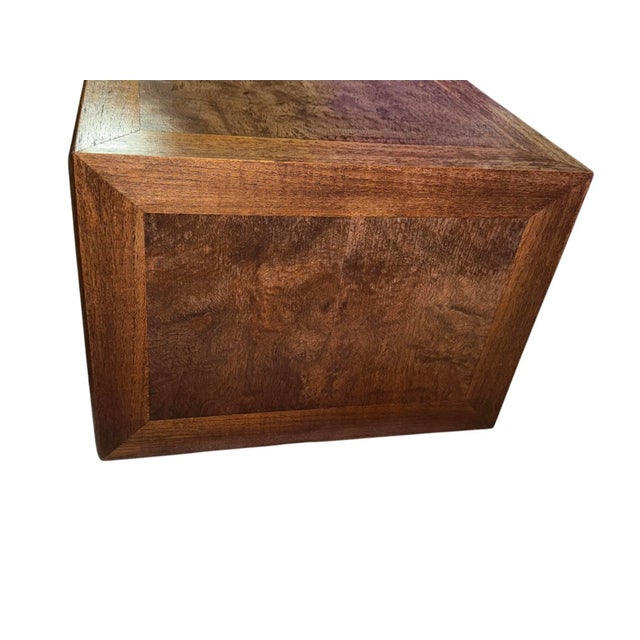 Mid-Century Asian Modern Burl Wood Nightstand With Chinoiserie Brass Hardware For Sale - Image 10 of 11