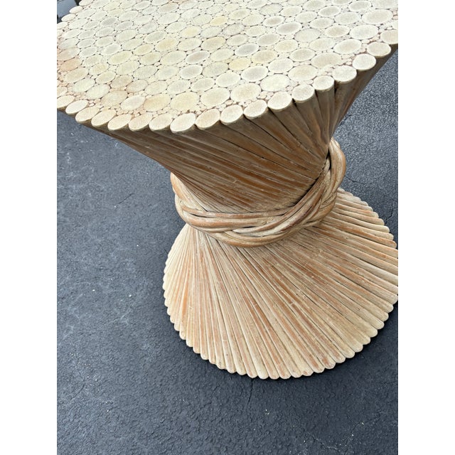 Beautiful McGuire styled white washed pedestal table. Classic coastal sheaf of wheat with more rare twisted Reed detail....