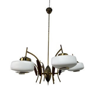6-Light Chandelier in Brass, Wood and Opal Glass in the style of Stilnovo, 1950 For Sale
