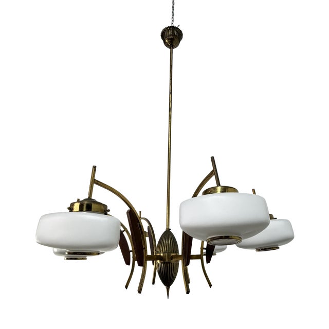 6-Light Chandelier in Brass, Wood and Opal Glass in the style of Stilnovo, 1950 For Sale