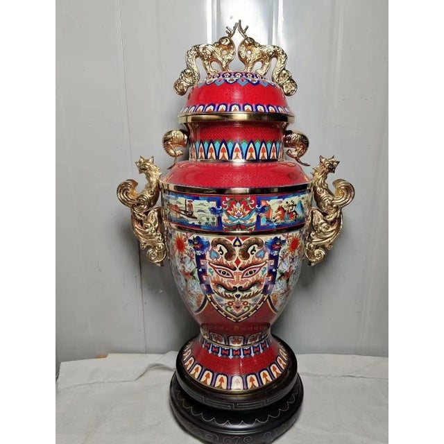 Chinese Monumental Chinese Cloisonné Peace Vase | Master-Designed Gilt Dragon Handles With Box For Sale - Image 3 of 12