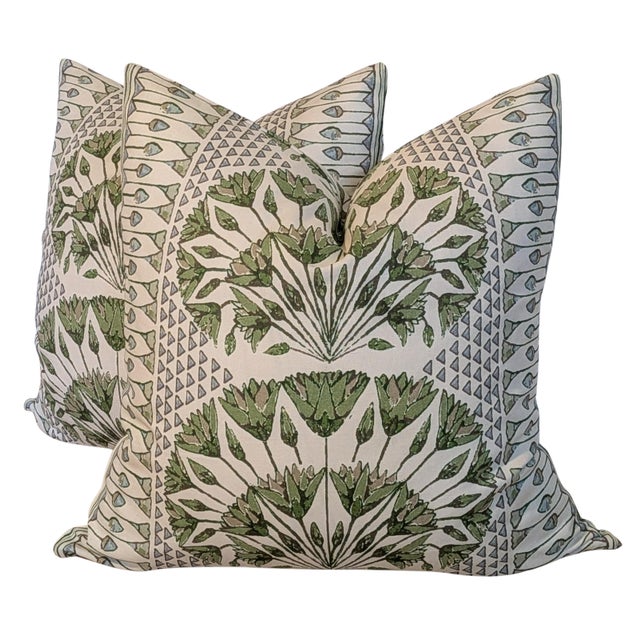 Anna French Cairo print pillows in green and white. This is such a fun geometric botanical print inspired by Egyptian...