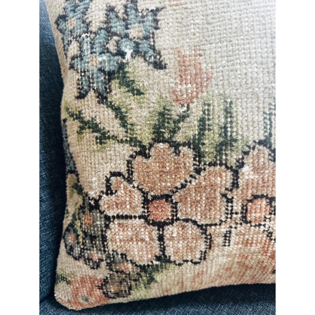 Peach Vintage Turkish Rug Pillow Cover, Handwoven Wool Isparta Floral Cushion, Romantic Peach Sage Dusty Blue Boho Pillow, 16x16 In For Sale - Image 8 of 12