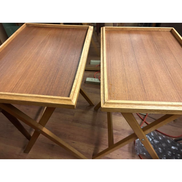 Vintage Mid-Century Modern Dolphin Teak Folding Tv Tray Tables (Set) For Sale In Raleigh - Image 6 of 11