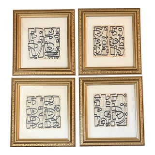 Contemporary 4 Original Wayne Cunningham Abstract Marker Drawings Vintage Frames-Set of 4 For Sale