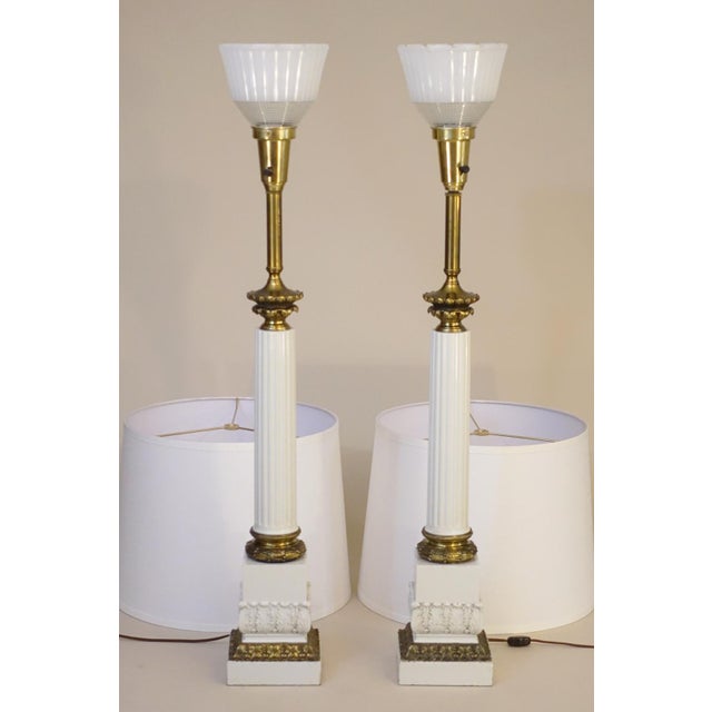 1960s Westwood Neoclassical Hollywood Regency Composite Style Column Brass Table Lamps - a Pair For Sale - Image 13 of 13