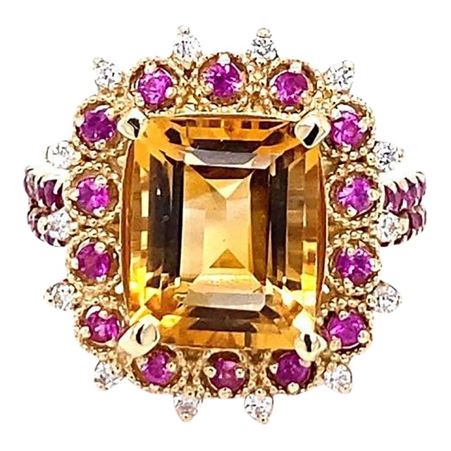 5.31 Carat Citrine Sapphire Diamond Yellow Gold Engagement Ring Size 7 For Sale