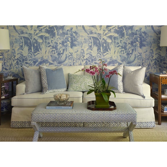 Traditional Pair of Kips Bay Show House Romo Pillows With Brunschwig Trellis Tape For Sale - Image 3 of 3