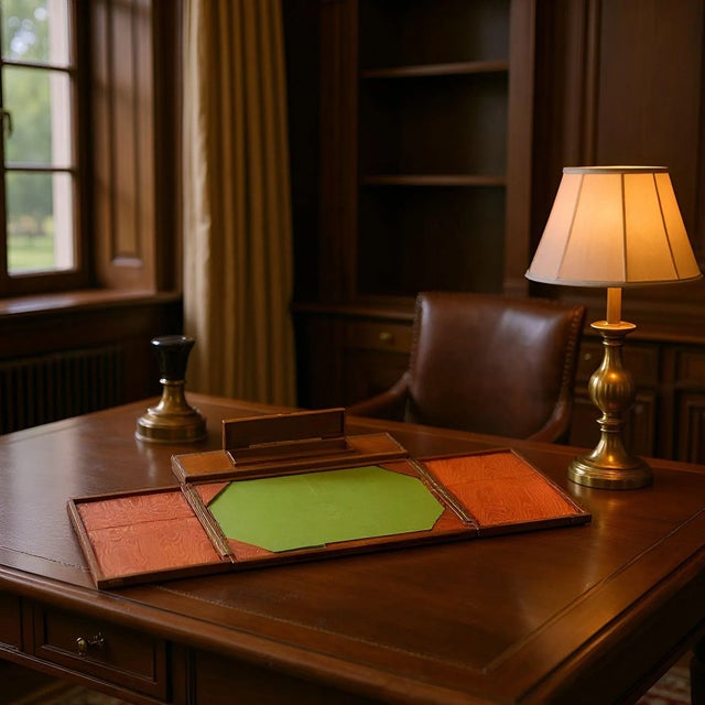 TOOLED LEATHER WRITING BOX Probably English, early 20th century 15 13/16" D x 19 7/8" W x 1 1/2" H A fabulous and most...