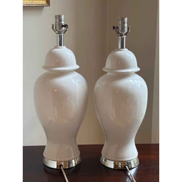 1960s White & Chrome Ginger Jar Table Lamps — A Pair For Sale - Image 9 of 17