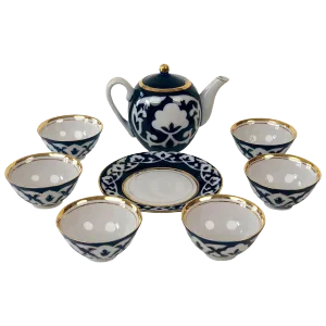 Central Asian Hand-Painted Porcelain Tea Set in Cobalt Blue & Gold, 1960s, Set of 8