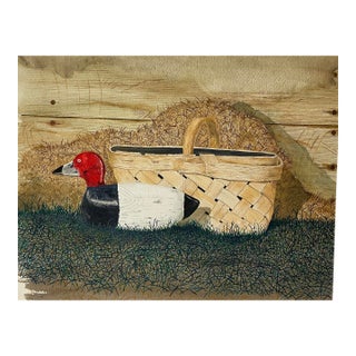 1980s David Horn Duck Decoy and Basket Still Life Watercolor For Sale