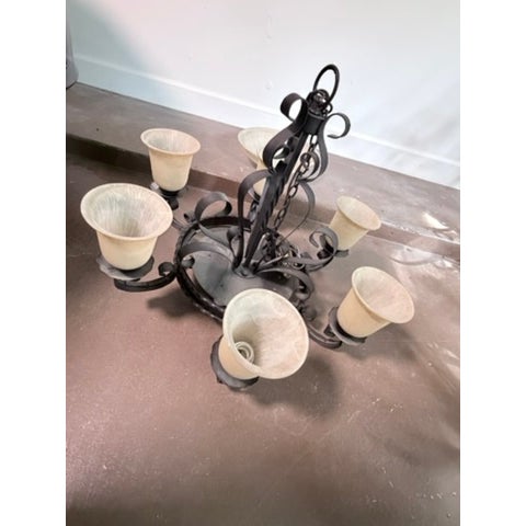 1990s Wrought Iron 6-Arm Chandelier – Frosted Glass Bell Shades For Sale - Image 4 of 4