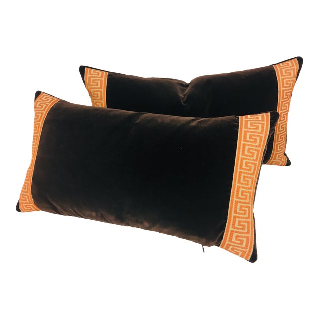 Mediterranean Plush Brown Velvet Greek Key Lumbar Pillows A