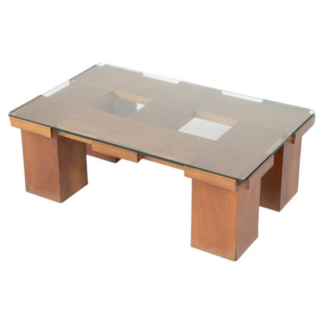 Wood Mid-Century Modern Coffee Table with Grid Wood Pattern and Glass, Italy, 1960s For Sale - Image 7 of 7