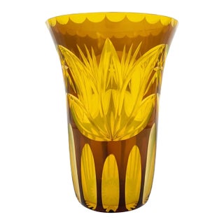 Bohemian Czech Amber & Canary Yellow Cut to Clear Vase | Tulip Motif | Early 20th C Style For Sale