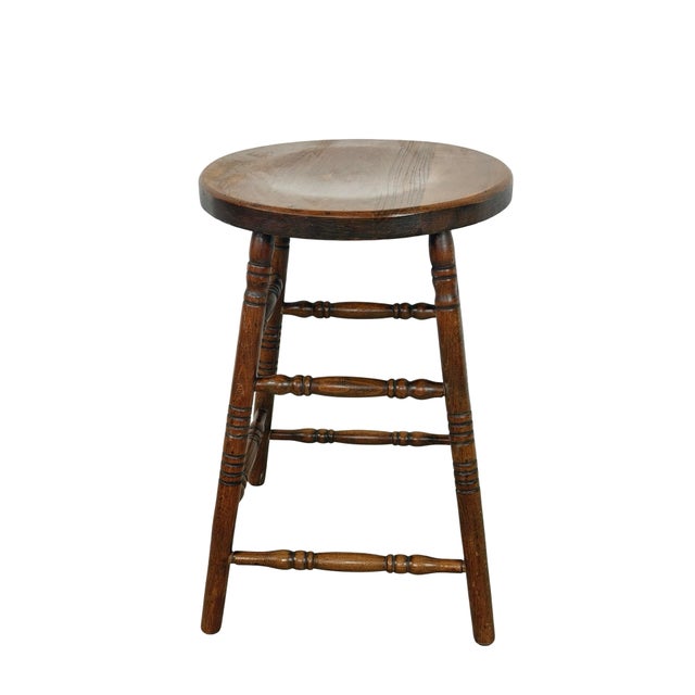 Antique Country Round Wooden Stool With Turned Legs and Stretchers For Sale - Image 17 of 18