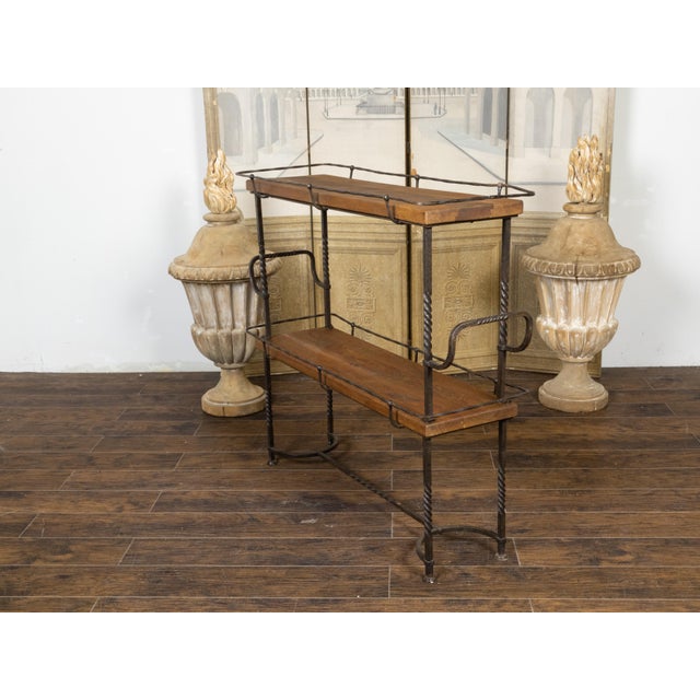 American Midcentury Metal and Wood Two-Tiered Shelving Unit with Twisted Motifs For Sale In Atlanta - Image 6 of 12