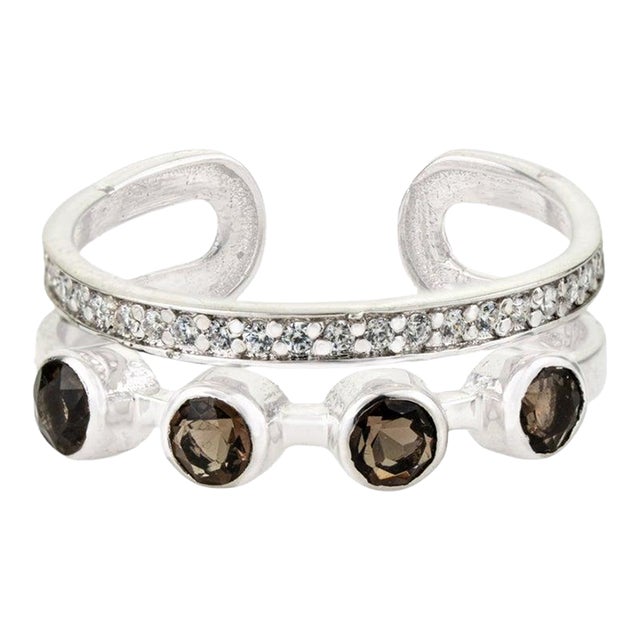 Rare Open Cuff Smoky Topaz Ring With Dazzling Zircons, Size 7 For Sale